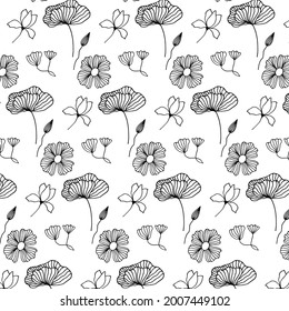 
The pattern is seamless. Flowers are black in the style of doodle. The pattern can be used for bedding, prints, wall decor in a nursery, clothing. Vector illustration isolated on white background.