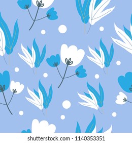 Pattern seamless with flowers and leaves on blue background, Cute spring flowers, Vector illustration