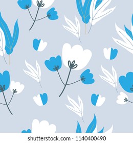 Pattern seamless with flowers and leaves on blue background, Cute spring flowers, Vector illustration