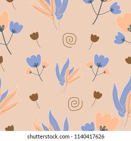 Pattern seamless with flowers and leaves on orange background, Cute spring flowers, Vector illustration