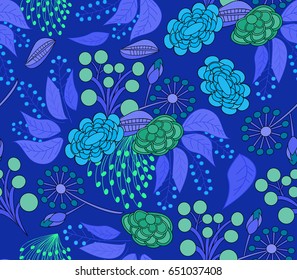 Pattern is seamless from flowers and leaves of yellow, green and blue. For fabric, wallpaper and other uses