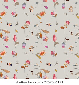 The pattern is seamless. Flowers on a gray background. Color vector illustration. Retro style. For printing on fabric and paper.