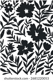 Pattern of seamless flowers.Vector silhoutte Blooming spring flowers in elements. Abstract  botanical Floral pattern with leaves. 