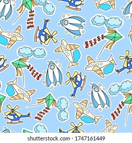 pattern seamless flying objects transport rocket helicopter plane vector wallpaper colored background children illustration textile print