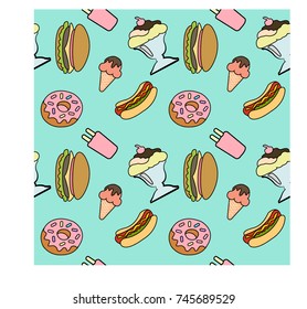 pattern seamless food ice cream donut hot dog hamburger cartoon vector illustration cute design on blue green mint pastel background