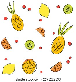 patrón sin fisuras de frutas exóticas líneas de diseño moderno brillante fondo de impresión. Ilustración del vector