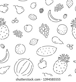 Pattern seamless fruits line doodle. Plant vegetarian diet foods vector sketch black isolated illustration on white background.