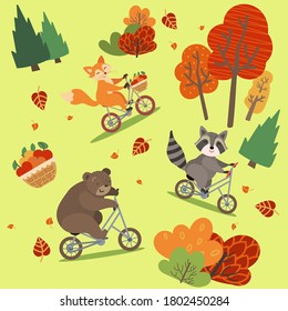 pattern, seamless, funny animals, fox, raccoon, bear, ride bicycles, on a light green background, autumn trees and bushes, basket with apples, for children, print, vector illustration