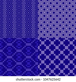 The pattern is seamless geometric of crosses and squares in blue tones.