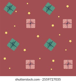 pattern  seamless with gifts and  golden  stars on a red background for textile,fabric,packing