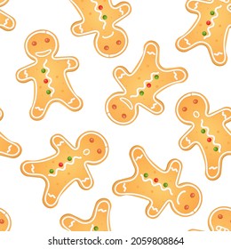 Pattern seamless gingerbread man cookies on white background.