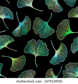 Pattern seamless ginko leaves gingko  biloba, ginkgo leaf background. Vector colorful repeat design. Botanical multicolored green holographic gradient vibrant trendy modern gradient illustration