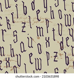 Pattern seamless Gothic style alphabet calligraphy, lettering. Illegible text, ink stains, wine. European Medieval latin letters. Vector background