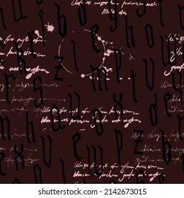 Pattern seamless Gothic style alphabet calligraphy, lettering. Illegible text, ink stains, wine. European Medieval latin letters. Vector background