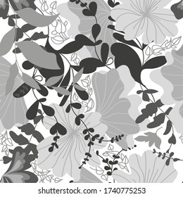 pattern, seamless, gray flowers on a white background, vector illustration