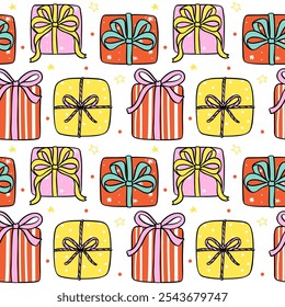 Padrão Sem Costura Groovy Natal presente caixa de presente vermelho e rosa desenhos animados rabiscar isolado no fundo.
