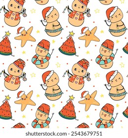 Pattern Seamless Groovy Christmas Summer Sandman cartoon doodle isolated on background.