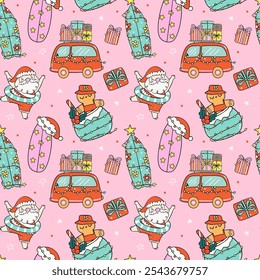 Pattern Seamless Groovy Christmas Summer Santa beach and car cartoon doodle isolated on background.