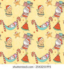 Pattern Seamless Groovy Christsmas Summer Santa and sandman cartoon doodle isolated on background.