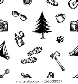 pattern seamless of guitar, compass, shoe, eyeglasses, pine tree, mug, camera, lighter, footprints, footprints of shoes, ax, tent in style vintage, retro, engraved. - vector illustrations