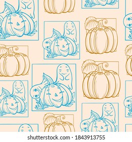 pattern seamless halloween ghosts and pumpkin holiday outline stroke doodle sketch hand-drawn vector illustration drawing print background wallpaper texture