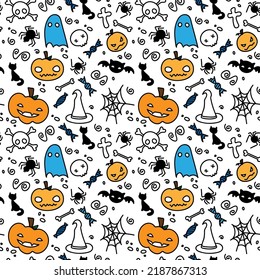 pattern seamless halloween pumpkin black cat bat print bright color. Vector Illustration