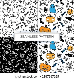 pattern seamless halloween pumpkin black cat bat print bright color. Vector Illustration