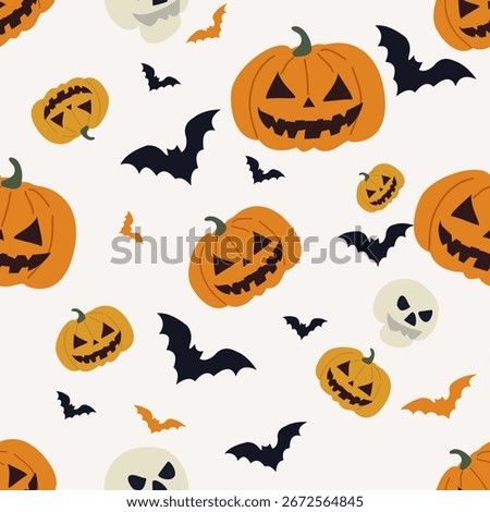 Pattern Seamless Halloween Pumpkins Bats and Skulls on a clean white background for a modern festive look.vector illustration
