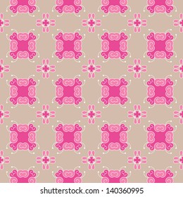 Pattern (seamless) with hand drawn abstract flowers and stars in pink and beige
