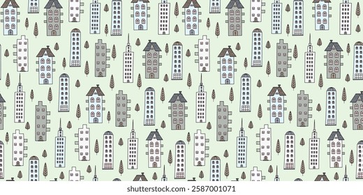 Pattern seamless. Hand drawn cartoon city, trees. Architecture, construction. Drawing cute colorful old houses, street. Drawing, doodle. Repeating background for decor, textile, wallpaper.