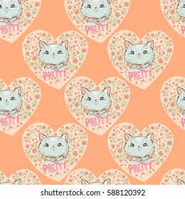 pattern seamless hand drawn cat on a heart background with flowers