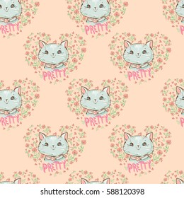 pattern seamless hand drawn cat on a heart background with flowers