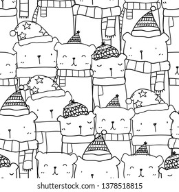 Pattern seamless with hand drawn cute bear family in black and white color. Kawaii bear background for kid fabric pattern, baby wallpaper, nursery, wrapping paper, scrapbook and packaging design 
