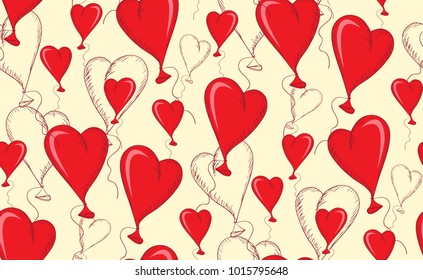 The pattern is seamless from hearts of red color and contours on a light background. For fabric, paper.