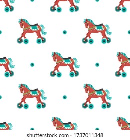 Patrón juguete sin fisuras de caballo con ruedas. Icono de caballo de roca. caballo de juguete de madera. concepto de dibujos animados de diseño plano. estilo de juguete de bebé. vector, ilustación