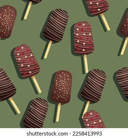 Patrón sin fisuras con cremas de hielo sobre palitos de chocolate. Ilustración de material vectorial. Caricatura. Comida y dulzura. Para los niños. Impresión para textiles.