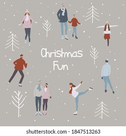 Pattern seamless ice skating and people. Winter ice rink party with cartoon characters and falling snow. Crowd of people dressed in winter clothes ice skating on rink. Vector illustration