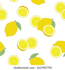 Dibujo sin fisuras con limones de cítricos brillantes frescos, enteros con cáscara y cortados, vectores aislados en fondo blanco.