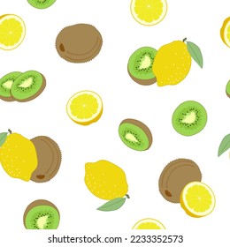 Pattern seamless illustration with fresh bright citrus fruit lemons and kiwi whole with peel and in section, vector isolated on white background.