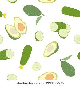 Muster nahtlose Illustration mit frischem, hellen Gemüse avocado und Gurke ganz und in Sektion, Vektorgrafik einzeln auf weißem Hintergrund.