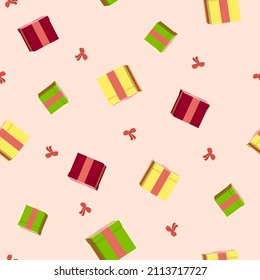 Pattern seamless illustration with gift boxes and bows, for packaging and backgrounds.