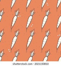 The pattern is seamless with the image of carrots on an orange background with additional decorative elements in the form of drops and dots. For printing on fabric, paper, clothing, underwear, etc