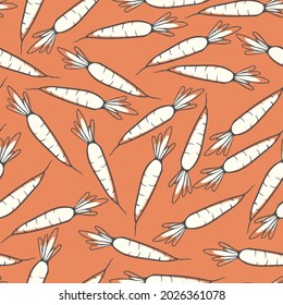 The pattern is seamless with the image of carrots on an orange background. For printing on fabric, paper, clothing, bed linen, etc