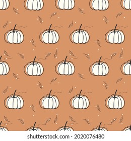 The pattern is seamless with the image of a pumpkin on an orange background with additional decorative elements in the form of leaves and dots. For printing on fabric, paper, clothing, underwear, etc