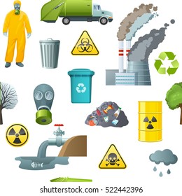 Pattern with seamless isolated environmental pollution elements garbage remedy danger radiation and recycling signs refuse bins vector illustration