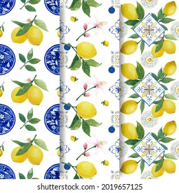 Pattern seamless with Italian tile design watercolor vector illustration