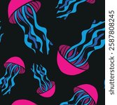 Pattern seamless jellyfish colorful pink and blue black background