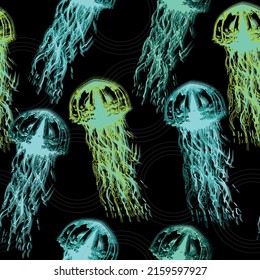 Pattern seamless jellyfish. Magical jellyfish seamless pattern. Hand drawn watercolor illustration