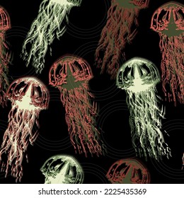 Pattern seamless jellyfish. Underwater animal illustration. Hand drawn realistic medusa .Abstract fantasy.