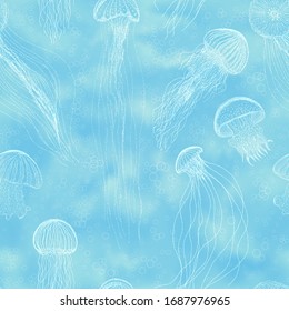 Pattern seamless jellyfish vector blue repeat texture wallpaper illustration Sea with white jelly fishes in delicate elegant style on ocean background in pastel colors